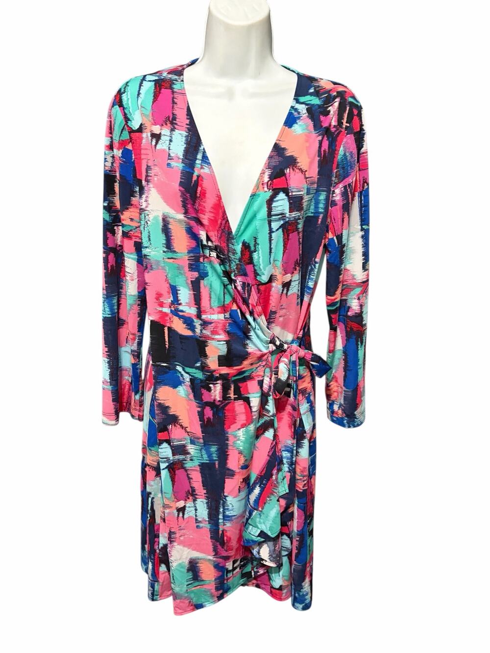 BCBGMAXAZRIA Abstract Print Faux Wrap Dress Large Long Sleeve Side Tie